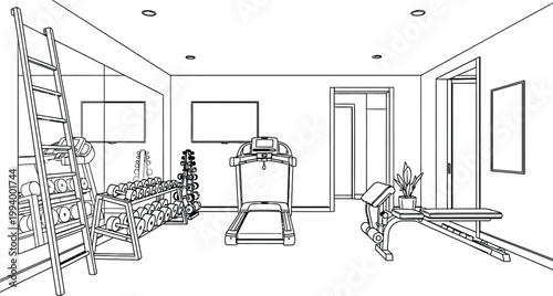 Sketch of a home gym interior with exercise equipment and minimalist design elements