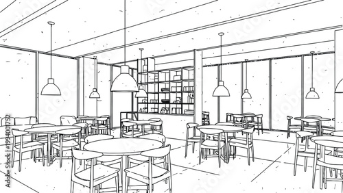 Architectural sketch of a modern cafe interior with tables chairs and pendant lighting