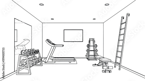 Sketch of a home gym interior with exercise equipment and minimalist design