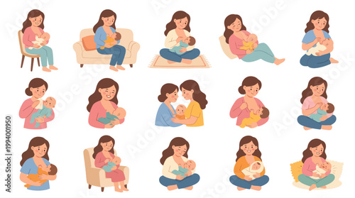 Maternity and Parenting Health: Flat Vector Illustration Set of Breastfeeding Mothers  Babies