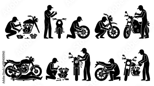 Automotive Motorcycle Mechanic Repair and Maintenance Service Silhouette Glyph Vector Icon Set