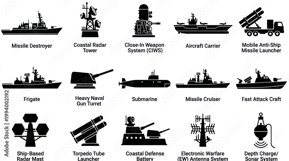 Fototapeta premium Black White Naval Military Vessels and Defense Systems Silhouette Icons