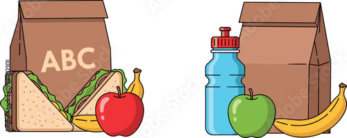 School lunch bags with sandwich fruits and water bottle isolated on white