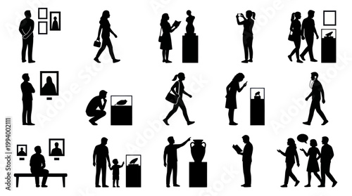 Museum Visitor Silhouettes: Art, Culture, People, Exhibits, Icons, Black and White Vector