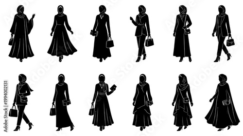 Black and White Silhouettes of Muslim Women in Modest Fashion. Hijab Wear Collection.