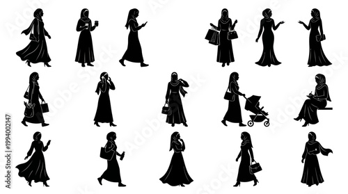 Black Silhouette of Muslim Women in Hijab, Fashionable Outfits, Shopping, and Daily Life