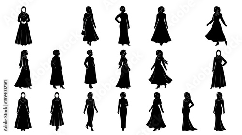 Islamic Fashion Vector Silhouettes of Muslim Women in Hijab and Abaya Attire