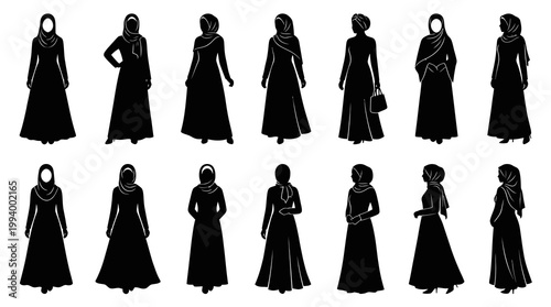 Islamic Culture Modest Fashion Muslim Women Abaya Hijab Black Silhouette Vector Set
