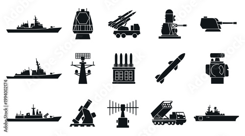Military Naval Defense Technology Glyph Icons: Ships, Missiles, Radar