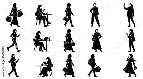 Black and white silhouettes of women in hijabs shopping, working, and socializing