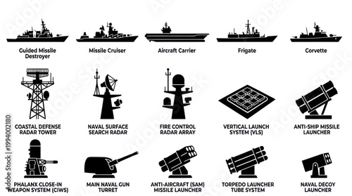 Naval Military Defense Ships, Weapons, Radar  Systems - Black Glyph Icon Set