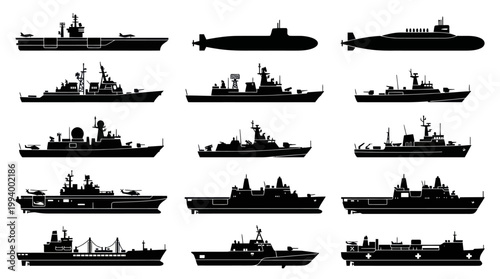 Black  White Silhouettes of Diverse Military Naval Ships and Submarines