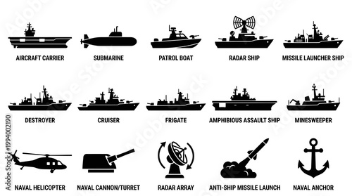 Naval Military Warfare Icons Vector Set - Ships, Submarine, Helicopter  Weapons Black Silhouettes