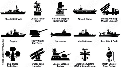 Black  White Naval Military Vessels and Defense Systems Silhouette Icons