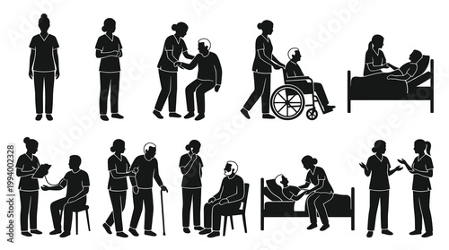 Medical Healthcare Nurses, Caregivers and Patients Silhouette Glyph Icons Set