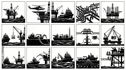 Offshore Oil and Gas Industry Drilling and Production Flat Black White Silhouettes Icons