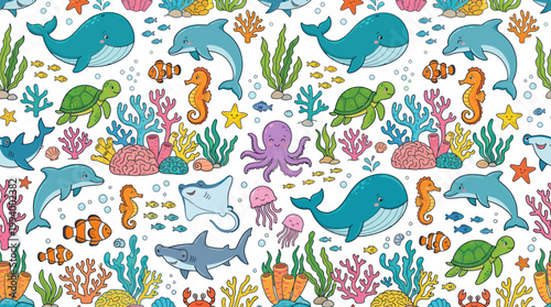 Cute Cartoon Sea Creatures and Coral Reefs Seamless Pattern