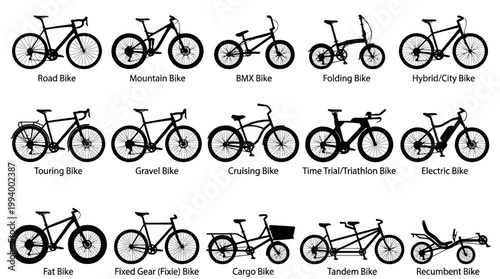 Diverse Bicycle Types Vector Set: Road, Mountain, BMX, Electric, Tandem