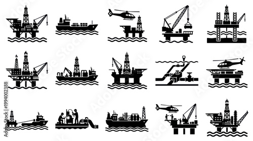Offshore Oil and Gas Industry Glyph Icons Set. Drilling Platforms, Rigs, Ships, Helicopters.