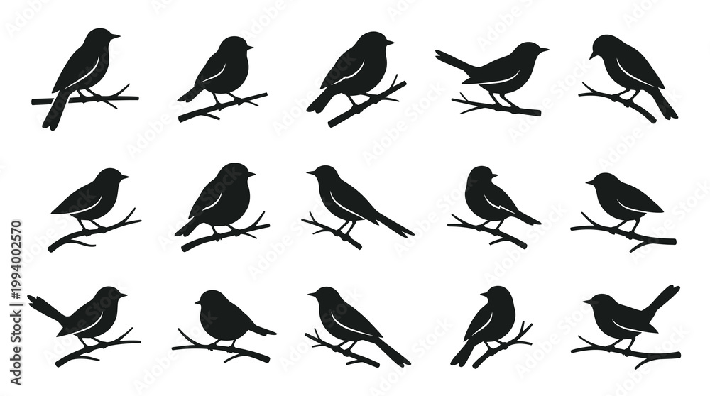 Obraz premium Black Silhouette Birds Perched On Tree Branches Vector Icons Set