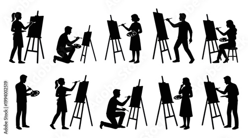 Black  White Silhouettes of Artists Painting on Easels