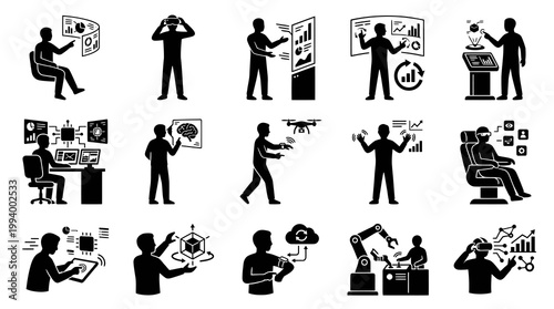 Futuristic Technology Icons: People Interacting with VR, AI, Drones, Robotics