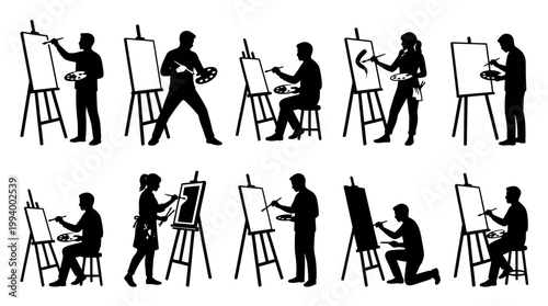 Silhouette Artists Painting on Easels, Black and White Art Style