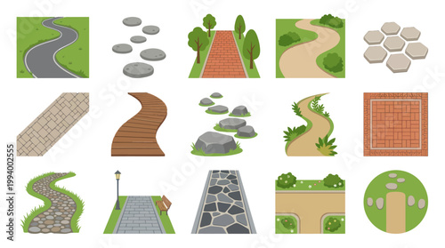 Vector Pack of Diverse Garden Paths and Paving Materials - Flat Style