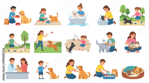 Pet Care Daily Routine Flat Vector Illustration Set: Owners Feeding, Walking, Grooming Dogs  Cats