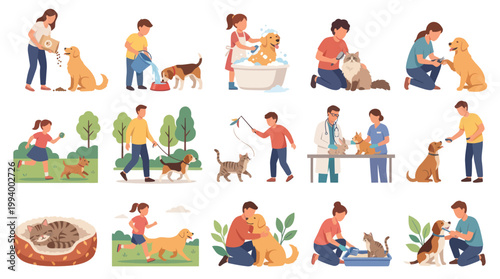 Pet Care Flat Vector Illustration Set: Owners Feeding, Grooming, Walking, Playing with Dogs and Cats