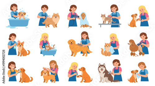 Dog Grooming Flat Design Icons: Washing, Brushing, Styling Pets