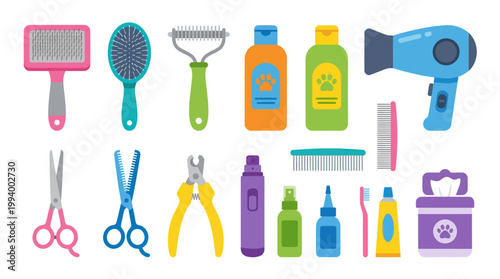 Flat Design Pet Grooming Tools and Supplies Vector Illustration