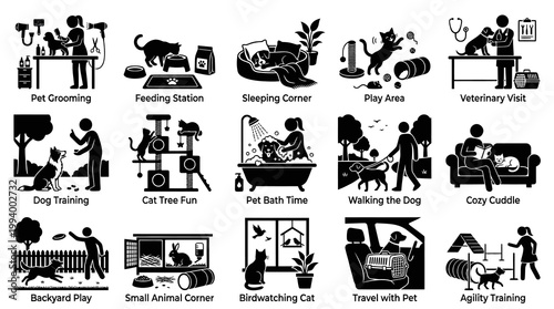 Pet Care Icons: Grooming, Feeding, Play, Vet, Training, Walking, Cuddling, Bath
