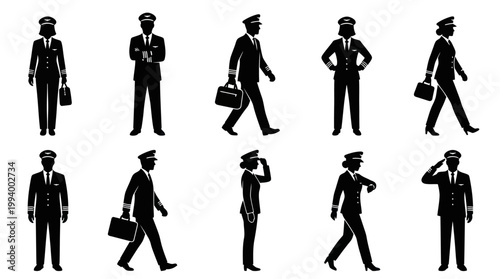 Pilot Silhouettes - Diverse Poses, Black  White Vector Art