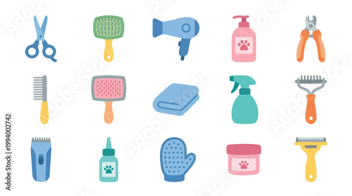 Flat Design Icons of Pet Grooming Tools and Accessories