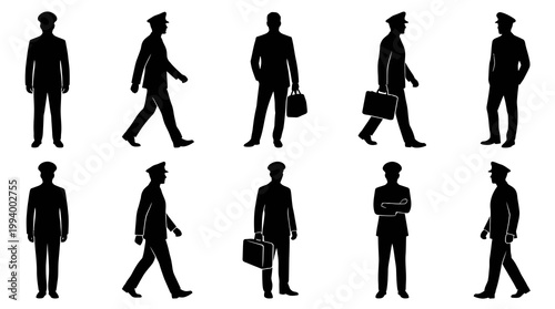 Black and White Vector Silhouettes of Pilot Men in Uniforms with Caps and Briefcases