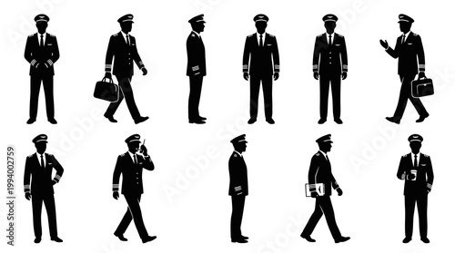 Pilot Silhouettes in Black and White, Various Poses, Vector Illustration