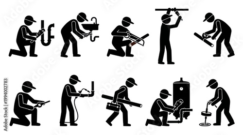 Plumber Working Stick Figures Glyph Icons Set - Black and White Silhouette Pictograms