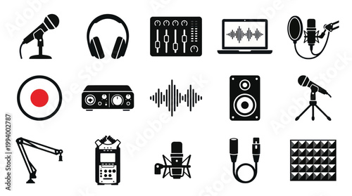 Sound Recording  Music Production Studio Equipment Black  White Glyph Icon Set