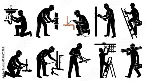 Professional Plumbers and Tradesmen Silhouette Icon Set - Construction Workers with Tools  Pipes