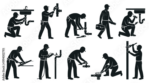 Plumbing Industry Silhouettes: Plumbers Working on Pipes and Sinks - Vector Glyph Icon Set