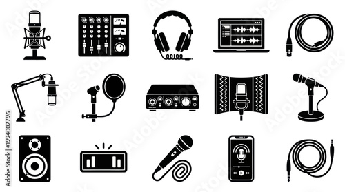 Audio Production and Recording Studio Equipment Glyph Icons Set for Music Podcasting Broadcasting