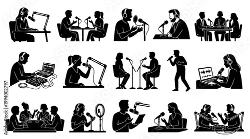 Podcasting Broadcasting Glyph Silhouettes: Studio Recording, Interview, Live Show, Media Icons
