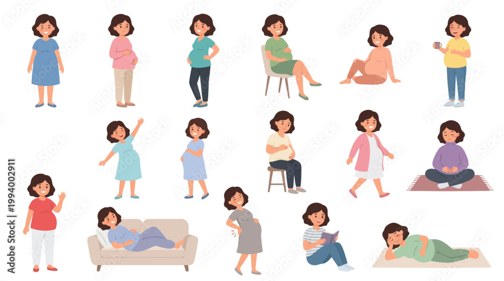 Fototapeta premium Flat Style Vector Illustration of Pregnant Women Poses, Pregnancy Theme
