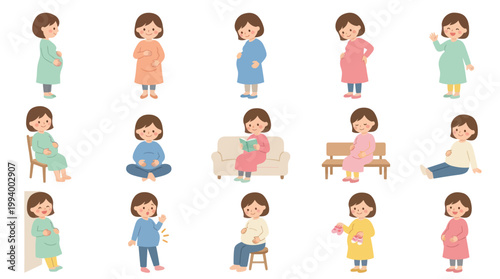 Maternity Pregnancy Flat Vector Illustration. Collection of Pregnant Women in Various Poses.