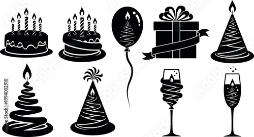 Elegant flat design vector set featuring holiday celebration elements like birthday cakes, party hats, wrapped gifts, and champagne glasses for invitations, greeting cards, and event promotions.