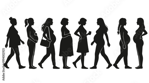 Maternity Journey: Diverse Pregnant Women Silhouettes - Black  White Vector Art