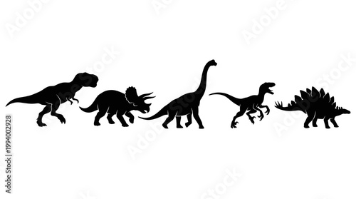 Black  White Silhouette of Diverse Dinosaurs in Row