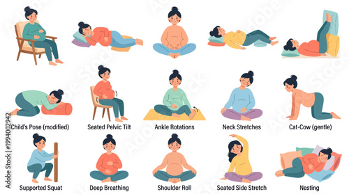 Pregnancy yoga poses for a healthy pregnancy and childbirth, flat vector