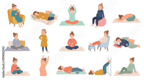 Flat Illustration of Pregnant Women Doing Yoga and Relaxing